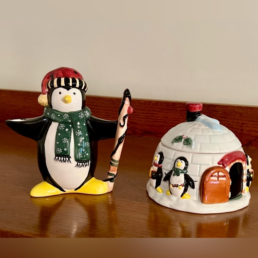 Handpainted Sakura Porcelain Christmas Penguin Creamer & Igloo Sugar.